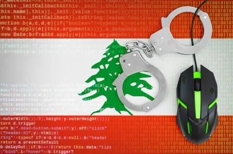 Lebanon flag  and handcuffed computer mouse. Combating computer crime, hacker Stock-Fotos