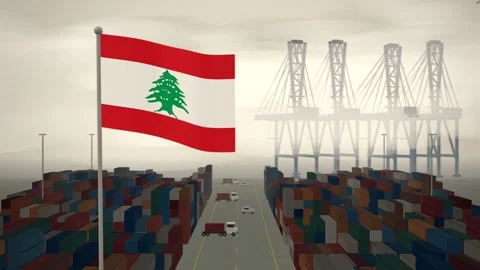 Lebanon Flag Flying Over A Container Port Terminal In Morning Haze Vidéo 344470419