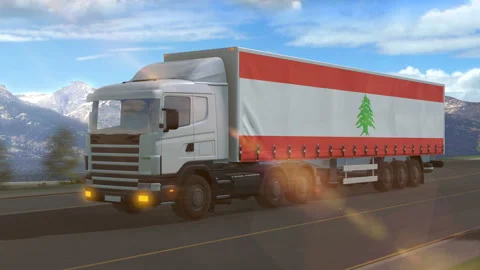 Lebanon flag shown on the side of a large truck Stock Footage 122102132