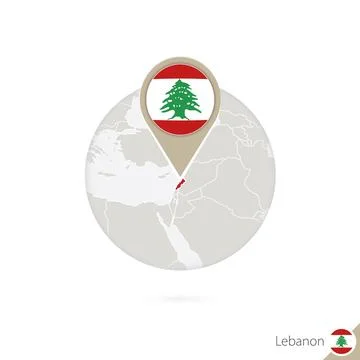 Lebanon map and flag in circle. Map of Lebanon, Lebanon flag pin. Map of Le.. Stock Illustration