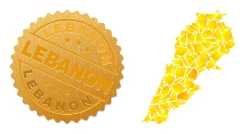 Lebanon Map Collage of Golden Elements and Metallic Lebanon Stamp イラスト素材