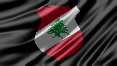 Lebanon shield emblem centered on waving black silk fabric animation Stockbeeldmateriaal 344031354