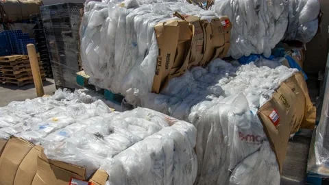 Lecanto, FL - 3/20/22: Plastic bundled for recycling at a Walmart. 4K Stock Footage 172414848