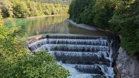 Lechfall stepped waterfall on the turquoise Lech River in Fussen, Bavaria 스톡 동영상 347758003