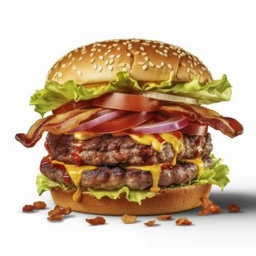 Leckerer Burger mit knusprig gebratenem Speck, Zwiebeln, Salat, Käse, Gene.. Stock Photos