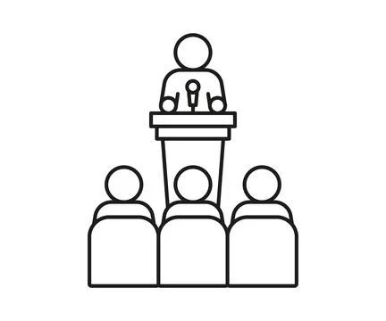 Lector man speech behind podium on conference with audience spectator, line icon Stock Illustration