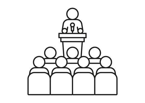 Lector man speech behind podium on conference with audience spectator, line icon Illustrazione stock