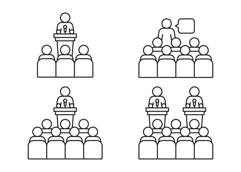 Lector man speech behind podium on conference with audience spectator, line icon Stock Illustration