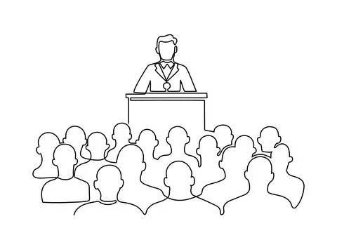 Lector man speech behind podium on conference with audience spectators back Stock Illustration
