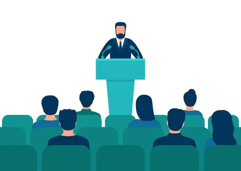 Lector man in suit speech behind podium on conference with audience in hall.  Stock Illustration