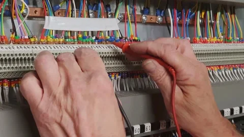 Lectrical engineer using a circuit tester to check connections on connectors Stock Footage 336221367