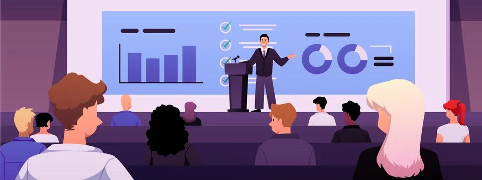 Lecture hall background with a speaker at the podium, a screen with graphs, and Illustrazione stock