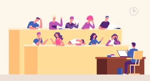 Lecture hall. Students lecturer in lecture room learning young people studying Stock Illustration