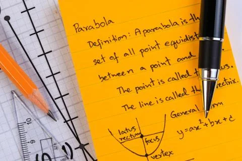 Lecture Notes in Mathematics. Parabolas and quadratic theory. Stock Photos