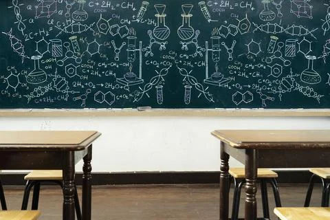 Lecture room or School empty classroom with desks and chair iron wood for stu Stock Photos