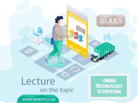 Lecture on topic of green technology ecosystem. Man working with waste recycling イラスト素材