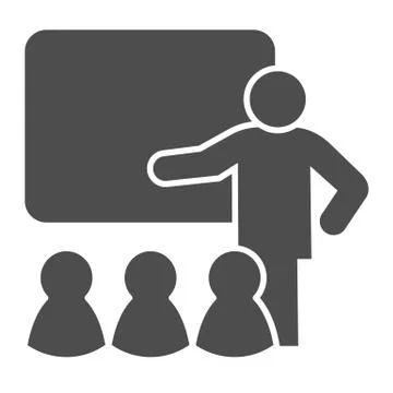 Lecturer blackboard with students solid icon. Lecture or training lesson symbol Illustrazione stock