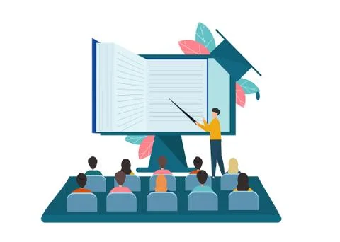 Lecturer pointing to computer screen with notebook in front of students on white Ilustración de archivo