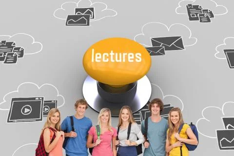 Lectures against yellow push button 스톡 사진