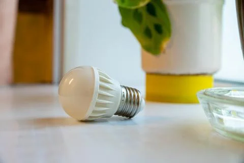 LED bulb lying on white surface with plant pot in background. Energy lighting Stock Photos
