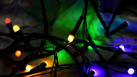 Led Christmas lights on windowsill Stock Footage 246744479