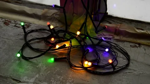 Led Christmas lights on windowsill Stock Footage 246746404