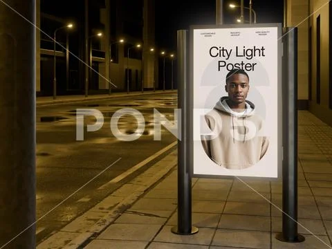 LED City Light Poster  Mockup 3D Render Outdoor at Night PSD Template