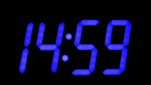 LED clock display with large blue numbers Stock Footage 120521673
