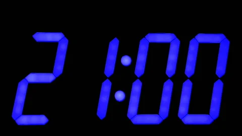 LED clock display with large blue numbers Video stock 120521992