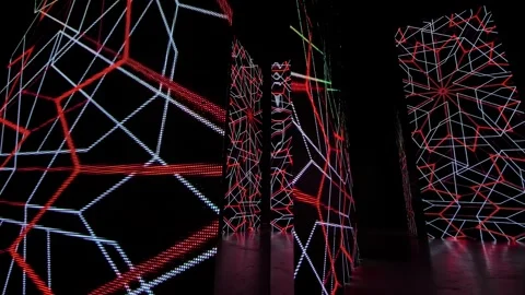 LED columns with colorful abstract immersive show on screen walls - close up Stock Footage 339775653