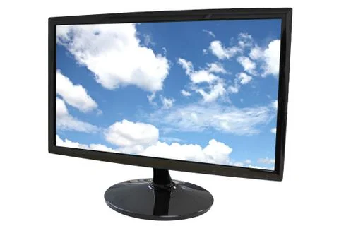 Led computer screen and blue sky picture. Stockfoto's