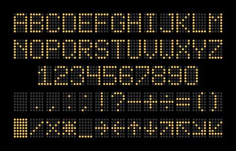 Led display font. Dot light english alphabet, electronic digital board yellow Stock Illustration