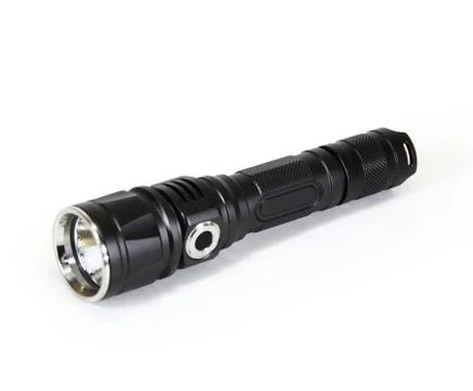 LED flashlight, lantern, lamp, light. Aluminum alloy body, grey Stock Photos