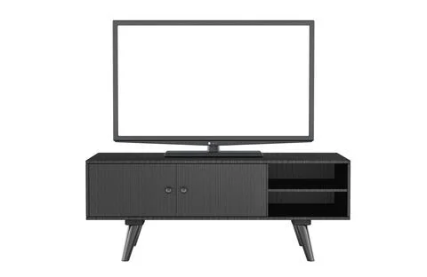 LED Flat Screen TV with white screen on TV nightstand with shelves. Dark co.. Stock Illustration
