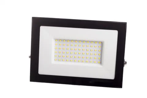 This LED flood light features a sleek black and white design, perfect for out Foto stock