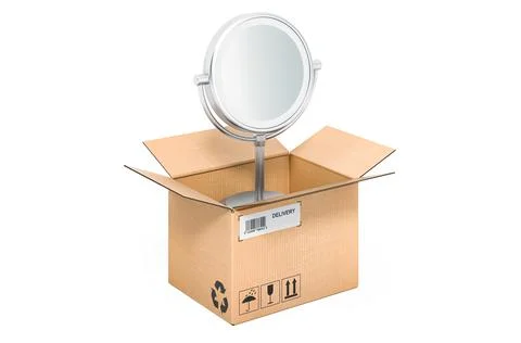 LED Illuminated makeup table top mirror with magnifying inside cardboard box, Stockillustratie