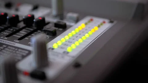 LED Indicator Level Signal on the Sound Mixing Console Video stock 100874156