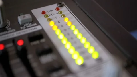 LED Indicator Level Signal on the Sound Mixing Console Video stock 100874604