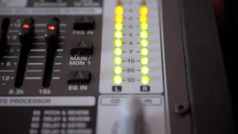 LED Indicator Level Signal on the Sound Mixing Console Video stock 100876389