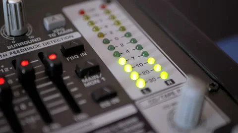 LED Indicator Level Signal on the Sound Mixing Console Video stock 100876992