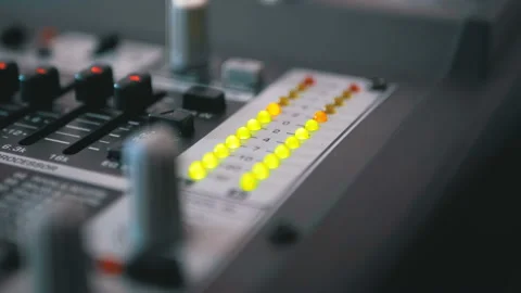 LED Indicator Level Signal on the Sound Mixing Console Video stock 100879297