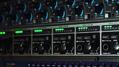 LED Indicator Level Signal on the Sound Mixing panel. Led light output level ind Stock Footage 169167579