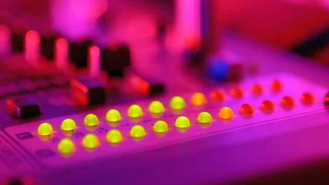 LED Indicator Level Signal of Volume on the Sound Mixing Console or Dj Console Video stock 123937672