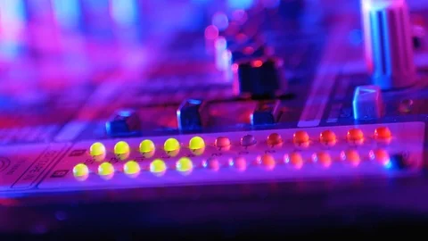 LED Indicator Level Signal of Volume on the Sound Mixing Console or Dj Console Video stock 123939871