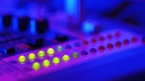 LED Indicator Level Signal of Volume on the Sound Mixing Console or Dj Console Video stock 123965608