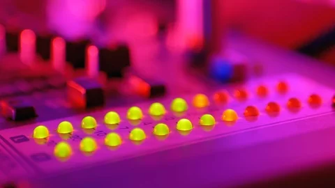 LED Indicator Level Signal of Volume on the Sound Mixing Console or Dj Console Stock Footage 123978356