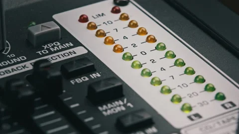 LED Indicator of Sound Level Signal on the Mixing Console in Macro Stock Footage 200915674