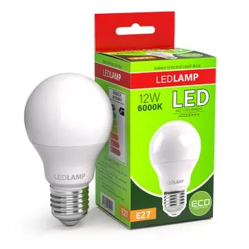 Led lamp with package box isolated on white. Energy efficient light bulb. Stock Illustration