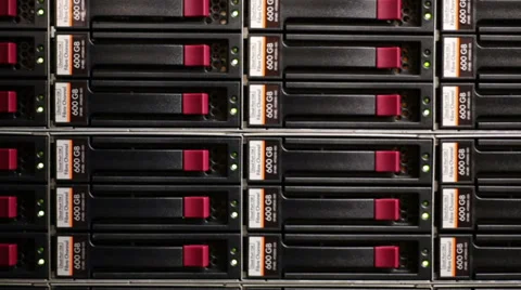LED lamps blink in data server with multiple hard drives at rack Stock Footage 31209775