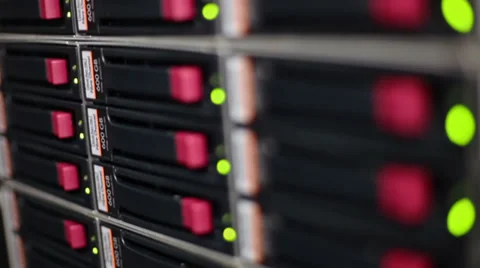 LED lamps flash in data server with multiple hard drives at rack Video stock 31209770